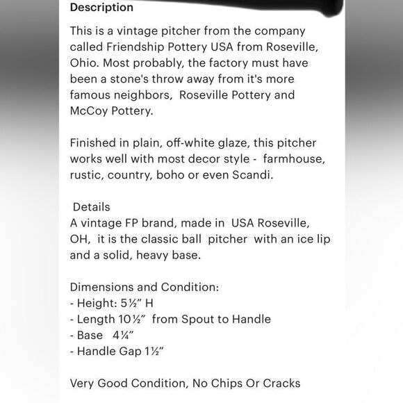 Hard to find Friendship Pottery water pitcher. c: 1973-
1996. Neat ball pitcher. - Picture 8 of 8